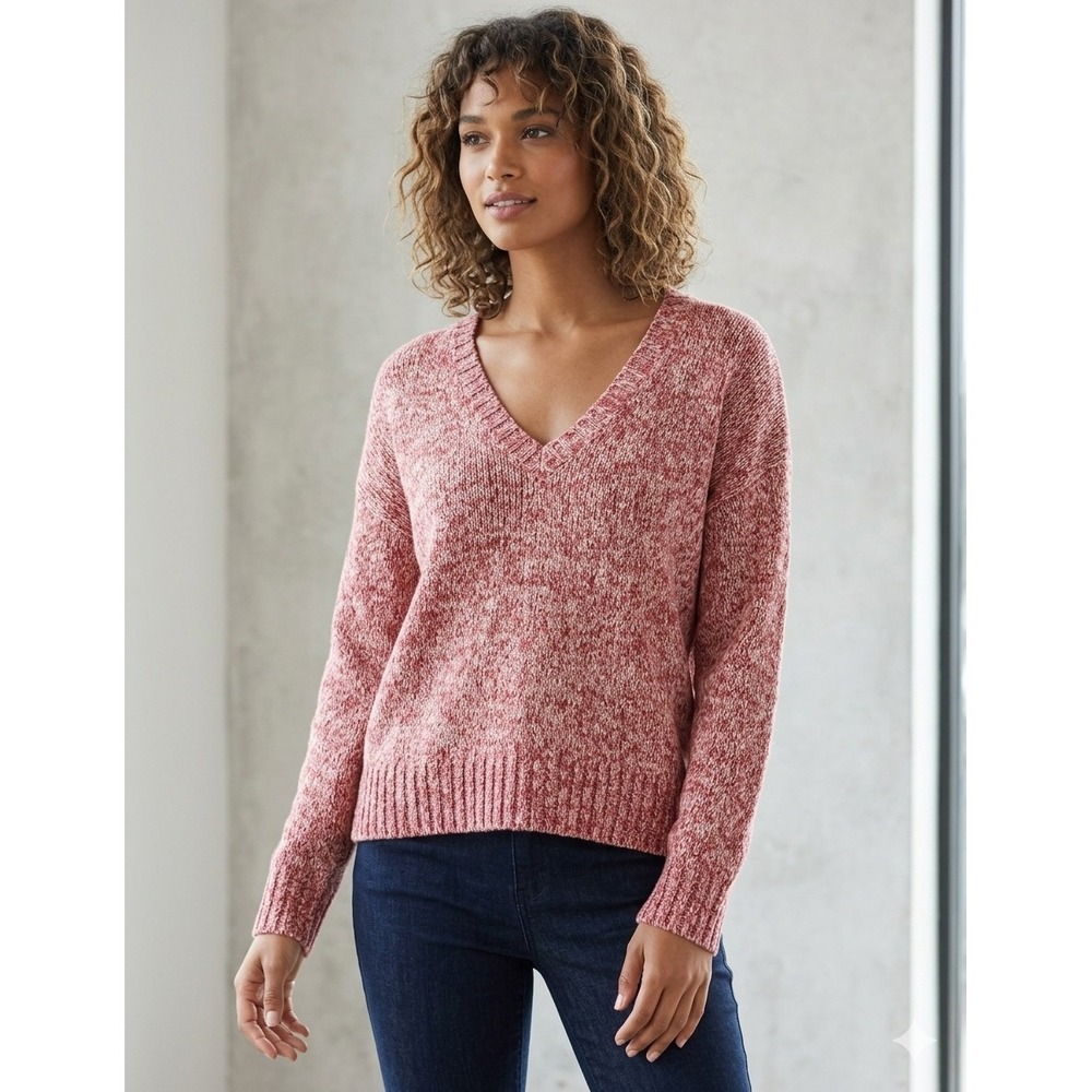 Cabi The Standard V-Neck Sweater Marled Knit Pink Multi Large Pullover Top